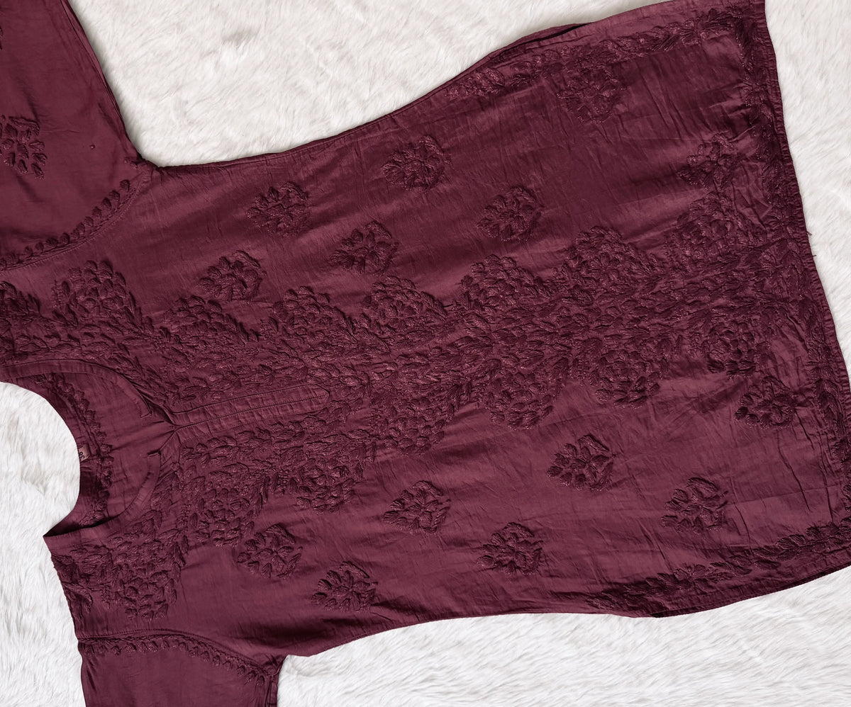 Soha Plum Chanderi Short Kurti with Chikankari Handwork