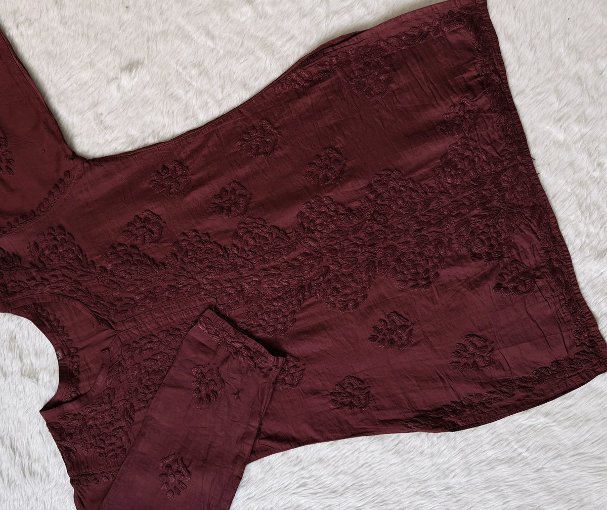 Soha Plum Chanderi Short Kurti with Chikankari Handwork