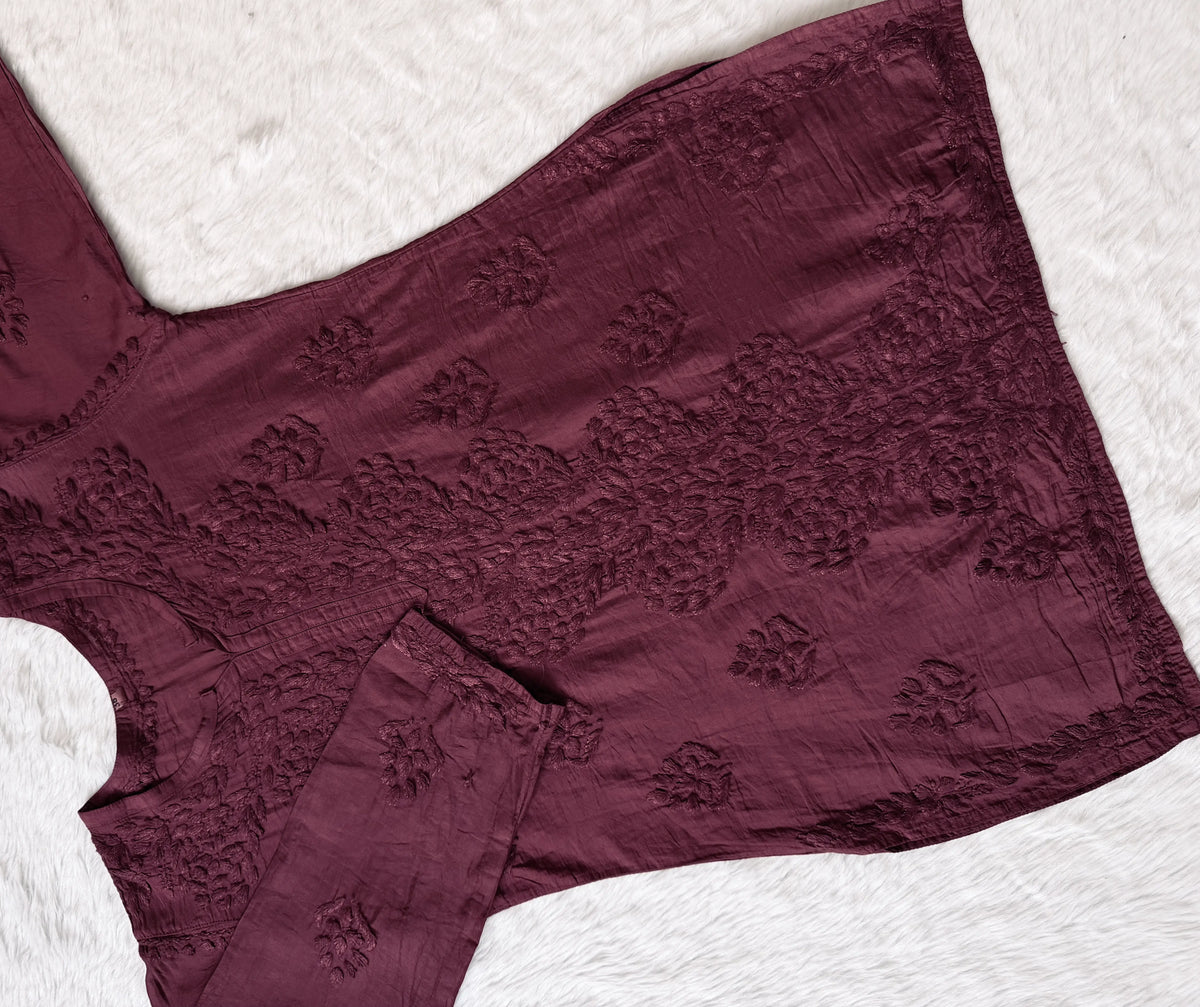 Soha Plum Chanderi Short Kurti with Chikankari Handwork