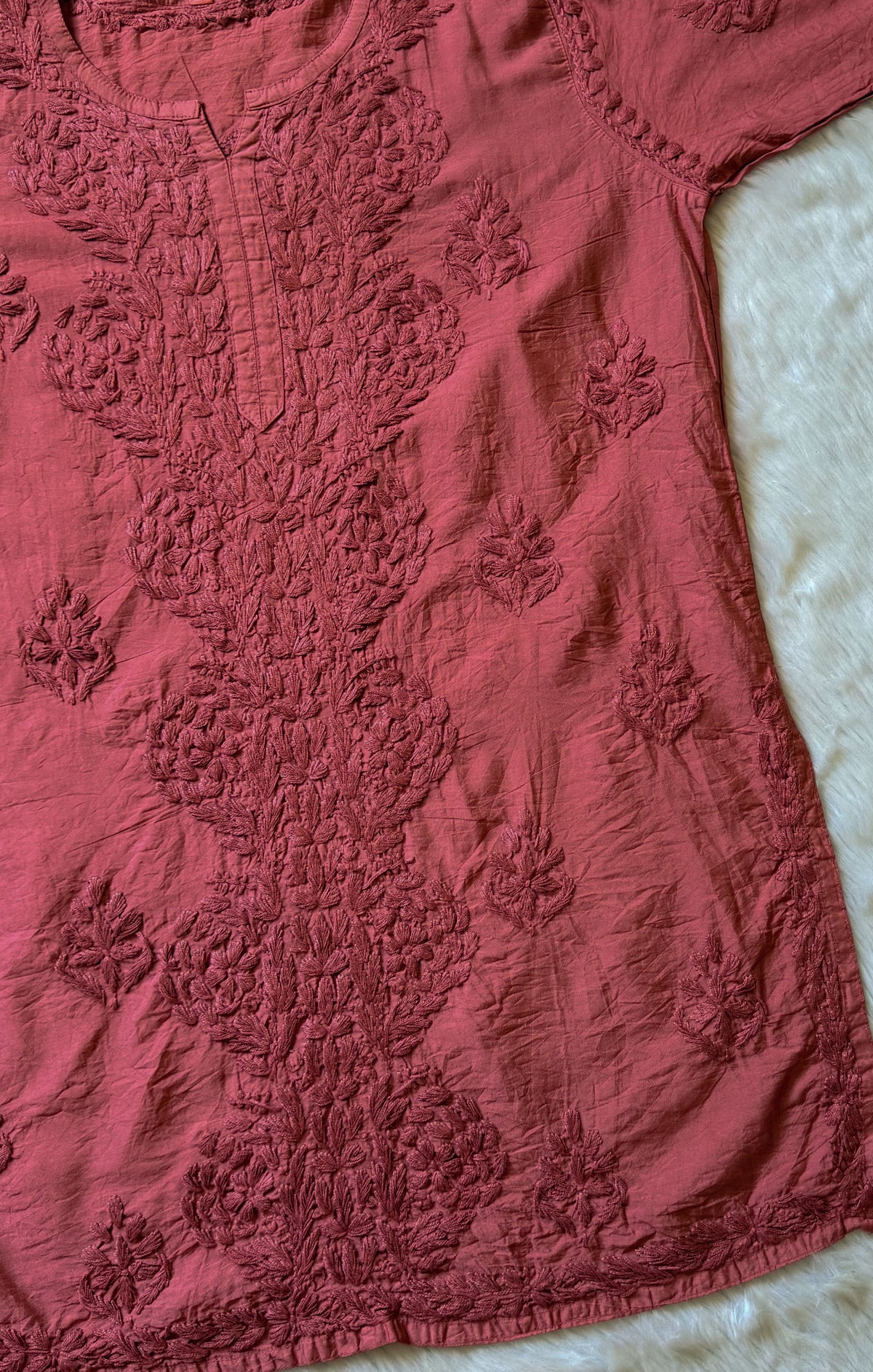 Soha Rose Brown Chanderi Short Kurti with Chikankari Handwork