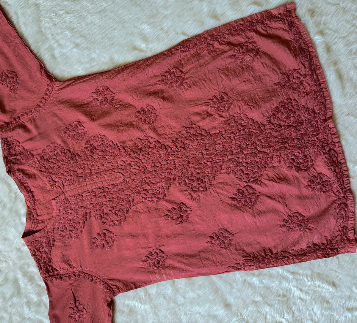 Soha Rose Brown Chanderi Short Kurti with Chikankari Handwork