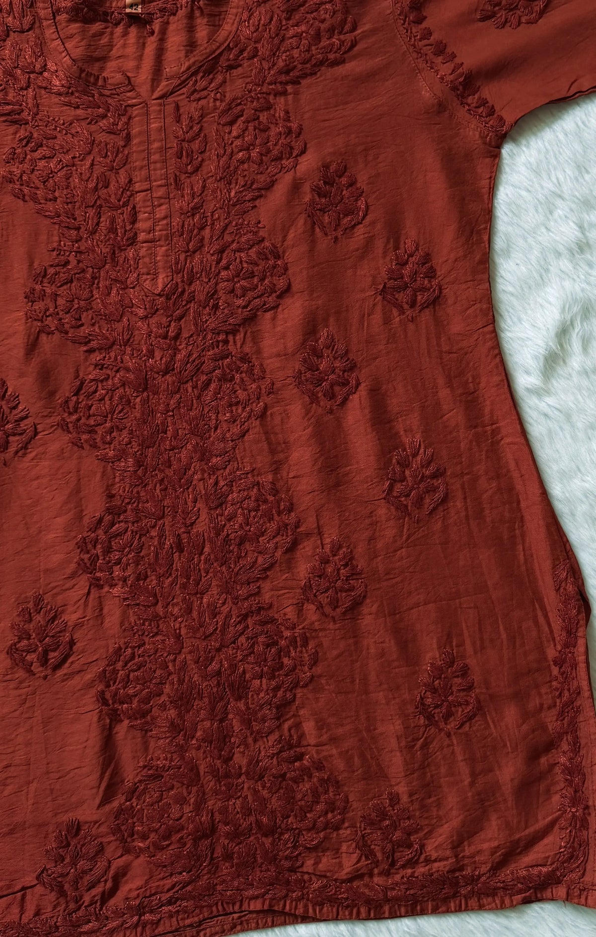 Soha Rust Chanderi Short Kurti with Chikankari Handwork