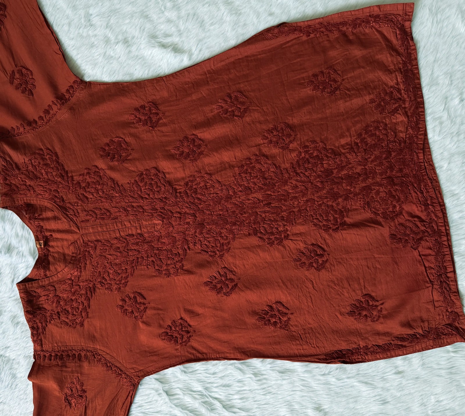 Soha Rust Chanderi Short Kurti with Chikankari Handwork