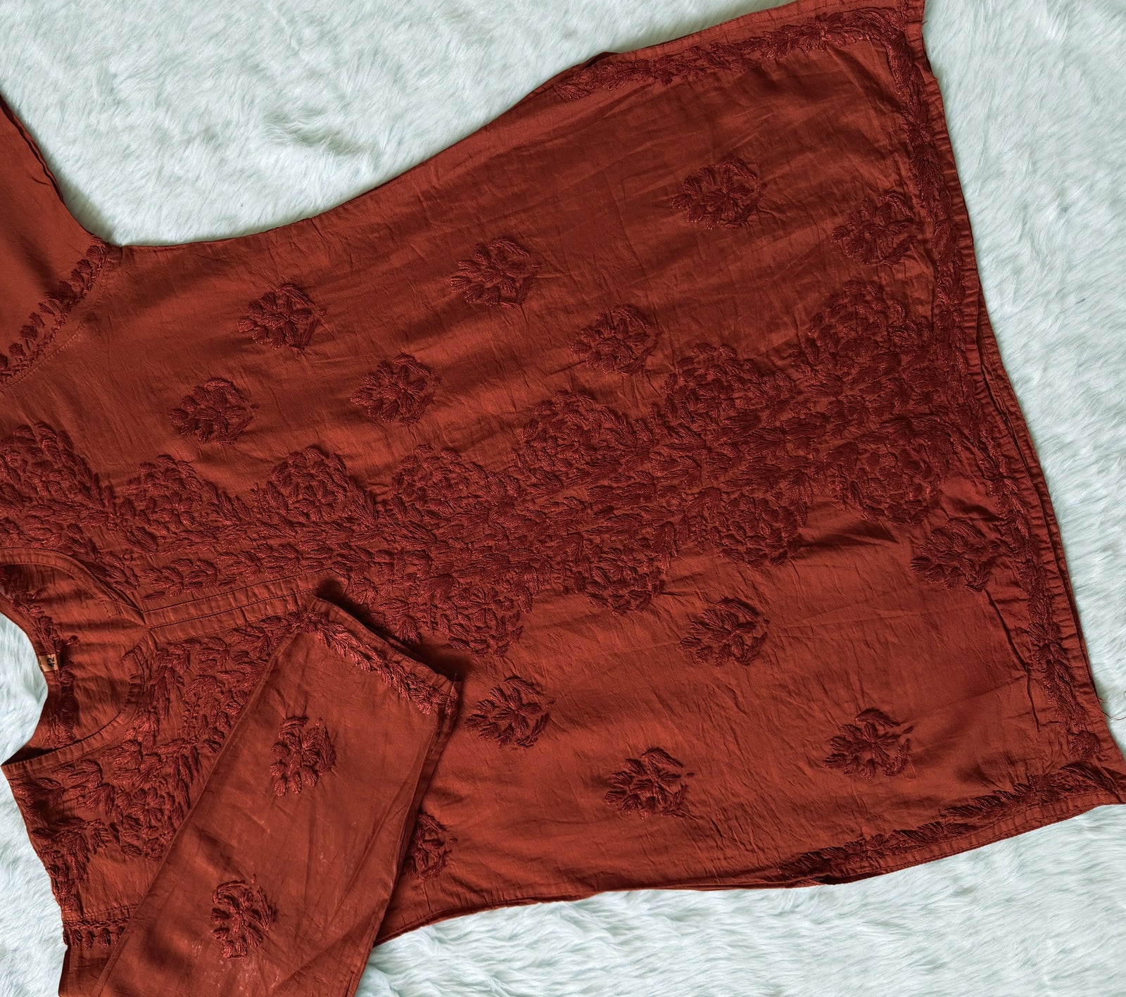 Soha Rust Chanderi Short Kurti with Chikankari Handwork