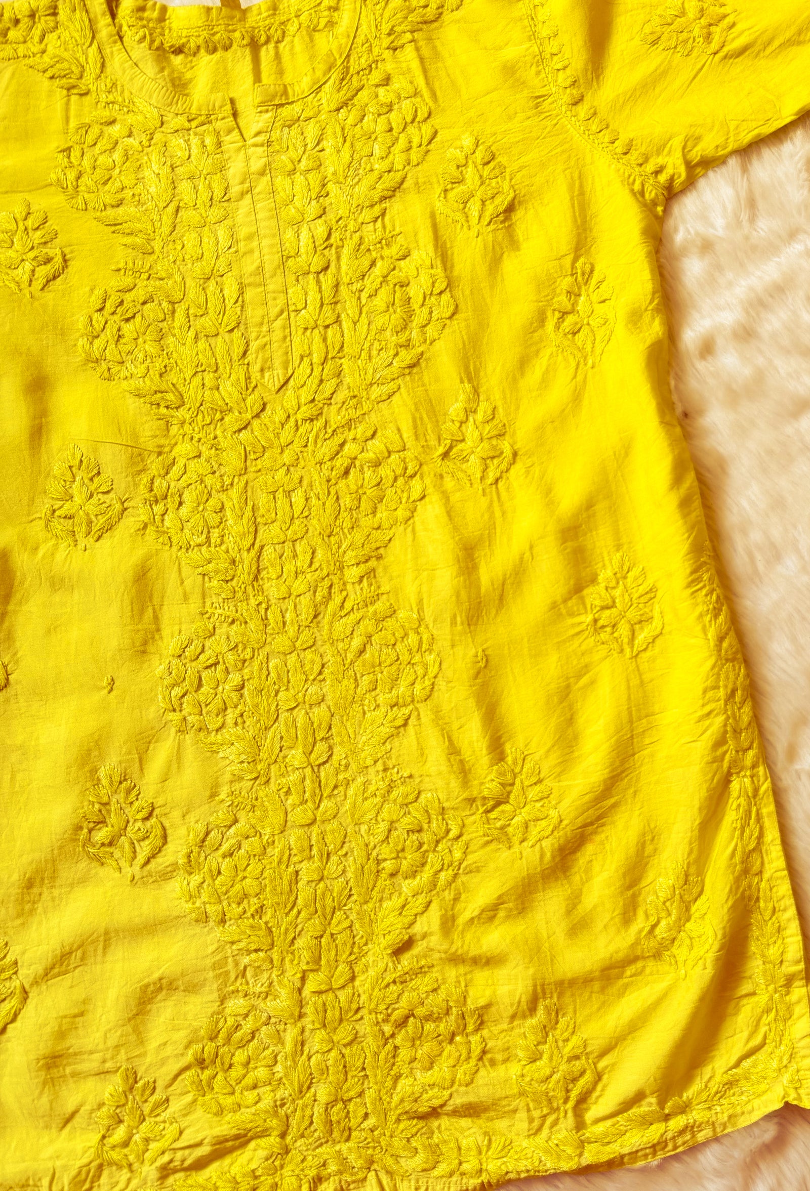 Soha Yellow Chanderi Short Kurti with Chikankari Handwork