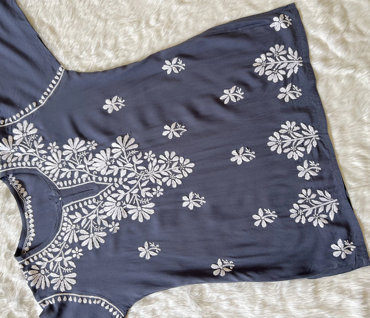 Steel Grey Short Rayon Kurta with White Chikankari