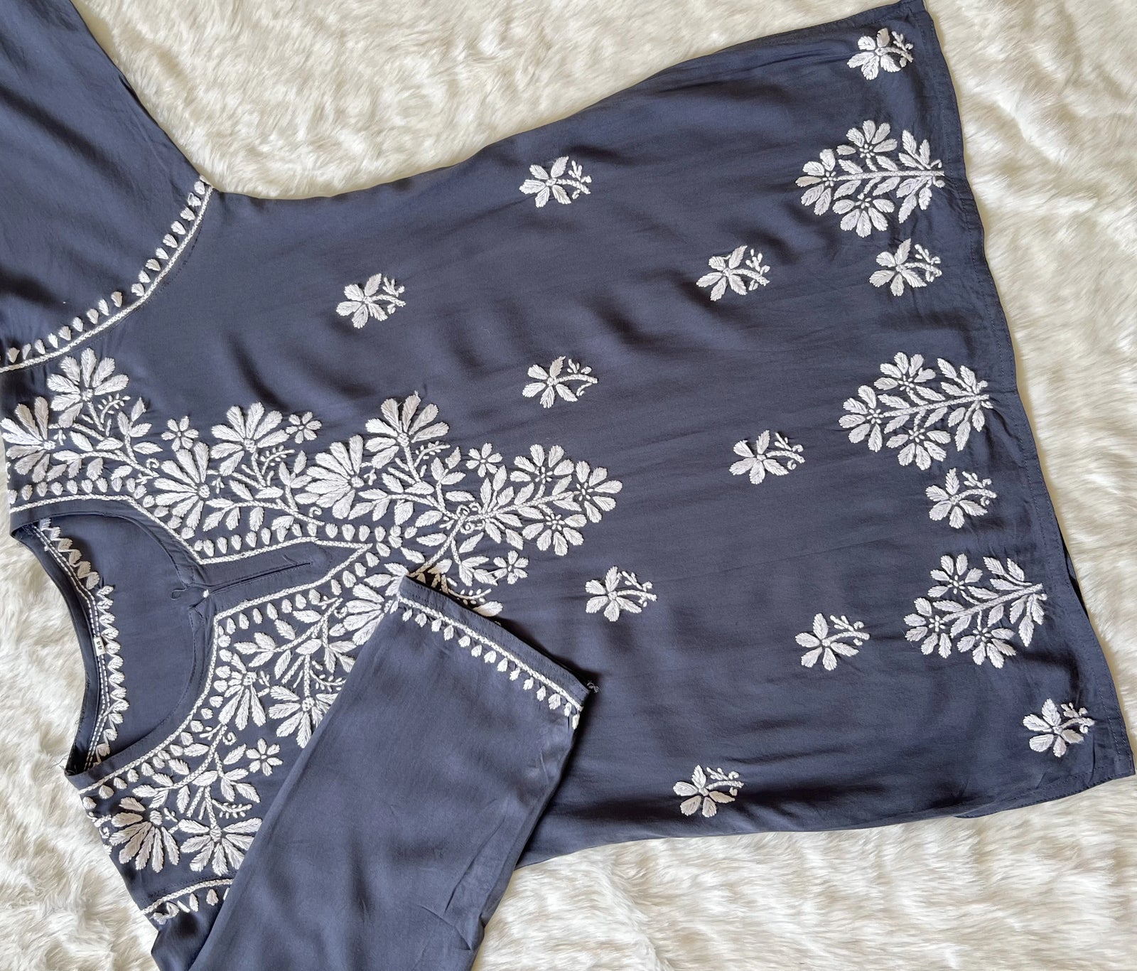 Steel Grey Short Rayon Kurta with White Chikankari