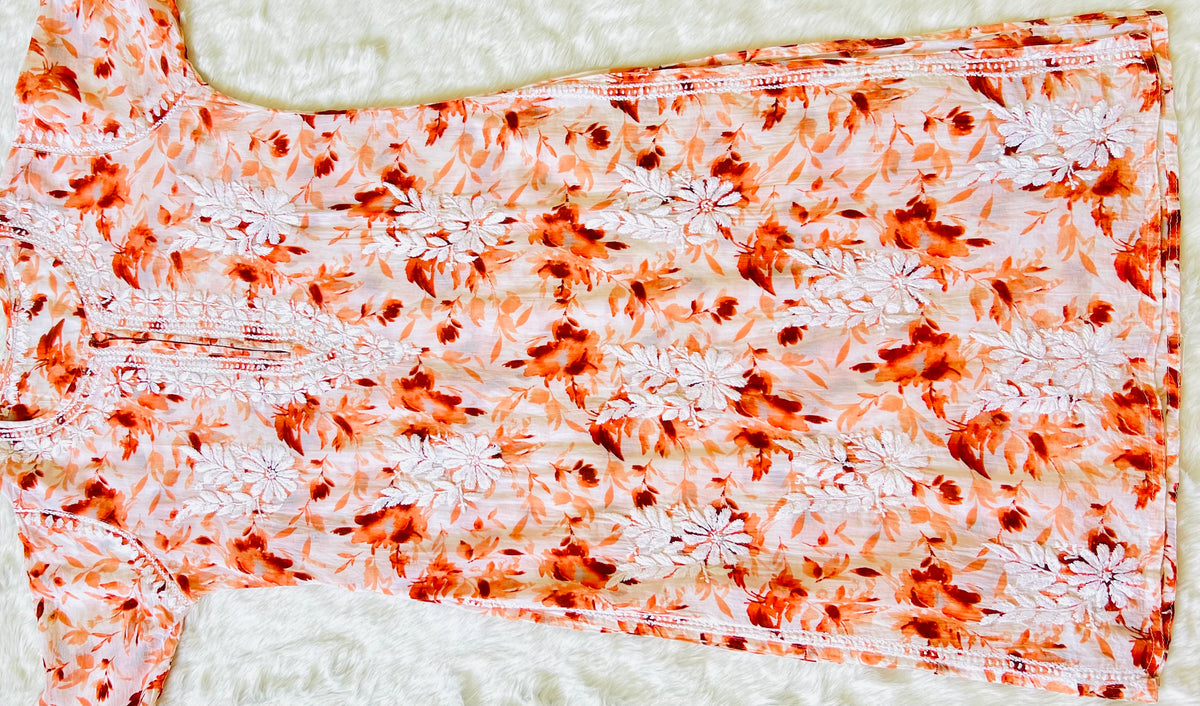 Tangerine orange Printed MulMul Kurta with Heavy Chikankari