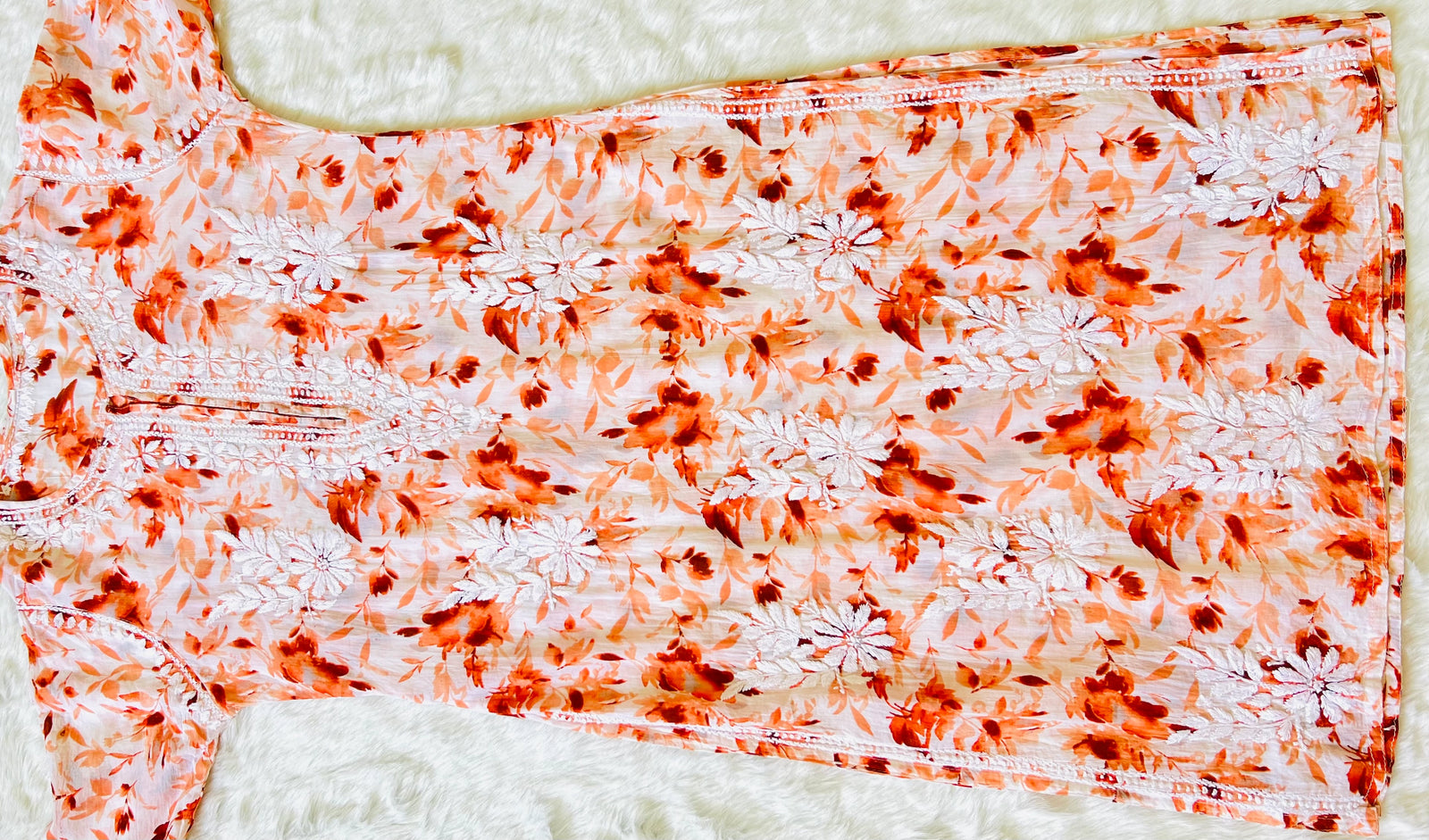 Tangerine orange Printed MulMul Kurta with Heavy Chikankari