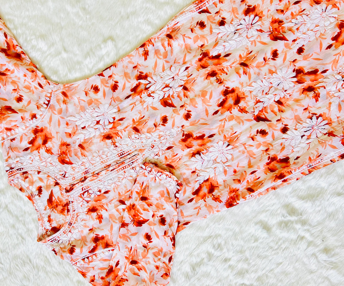 Tangerine orange Printed MulMul Kurta with Heavy Chikankari