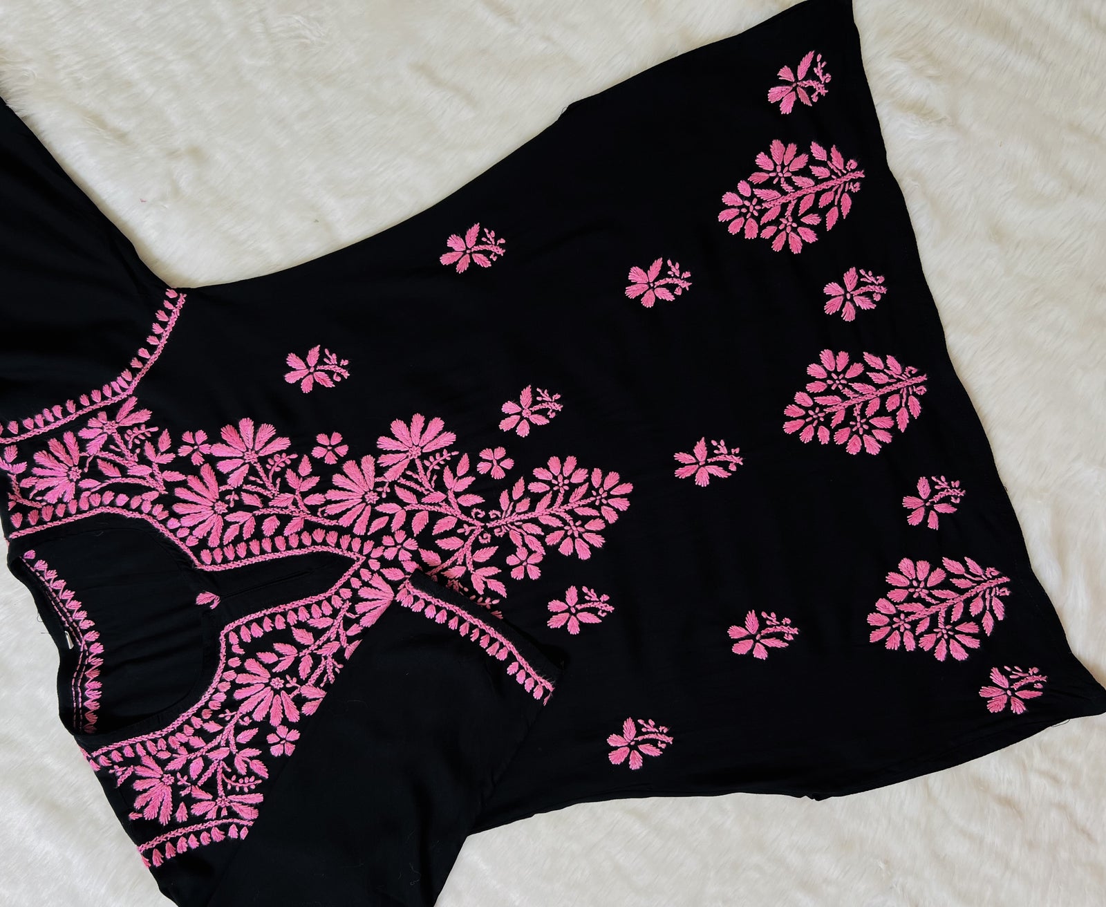 Tara Black & Baby Pink Short Rayon Chikankari Kurta