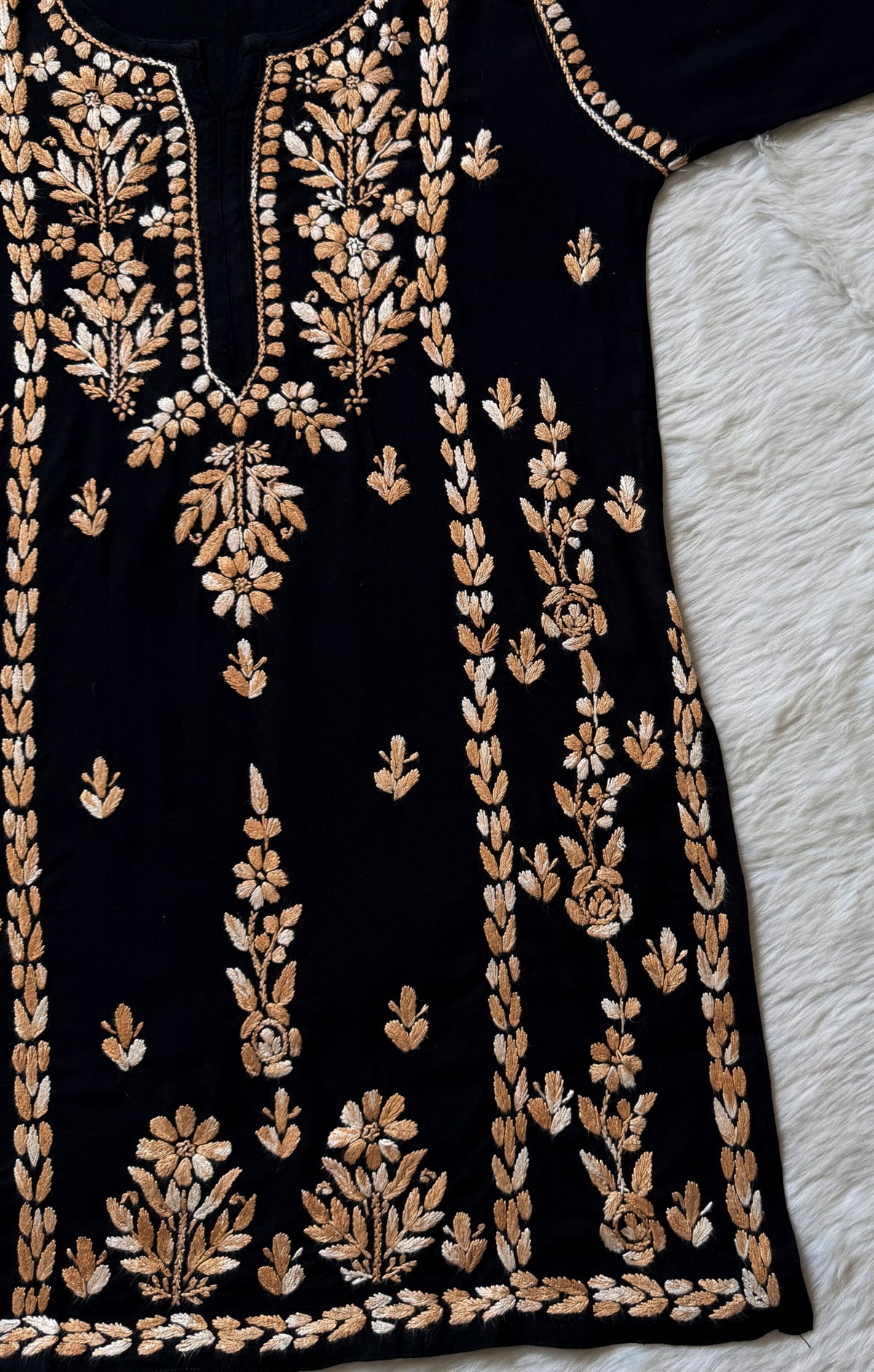 Tara Black &amp; Beige Short Rayon Chikankari Kurti