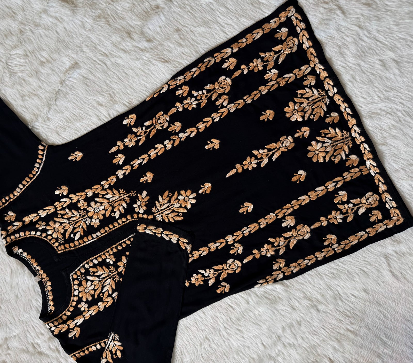 Tara Black & Beige Short Rayon Chikankari Kurti