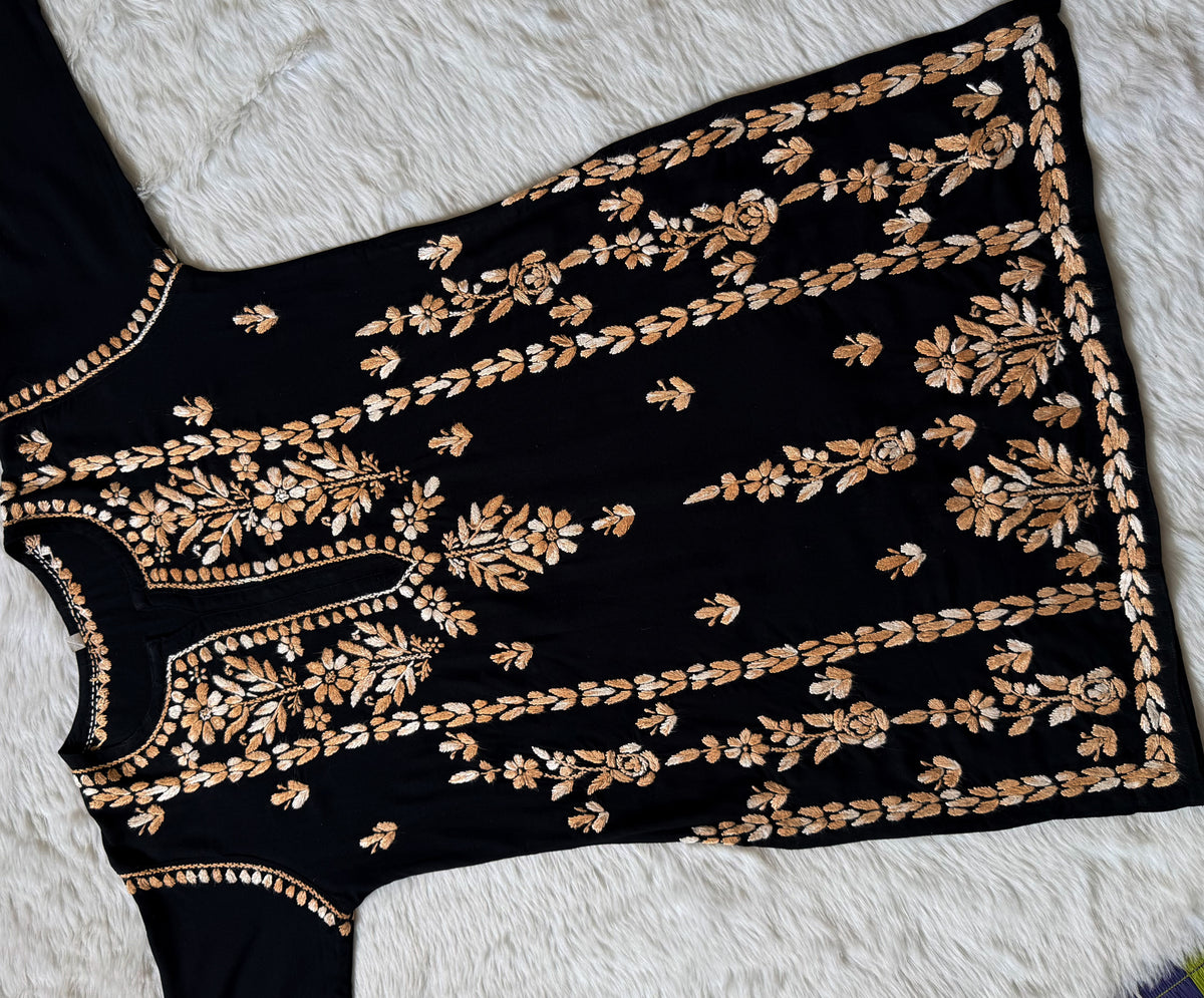 Tara Black & Beige Short Rayon Chikankari Kurti