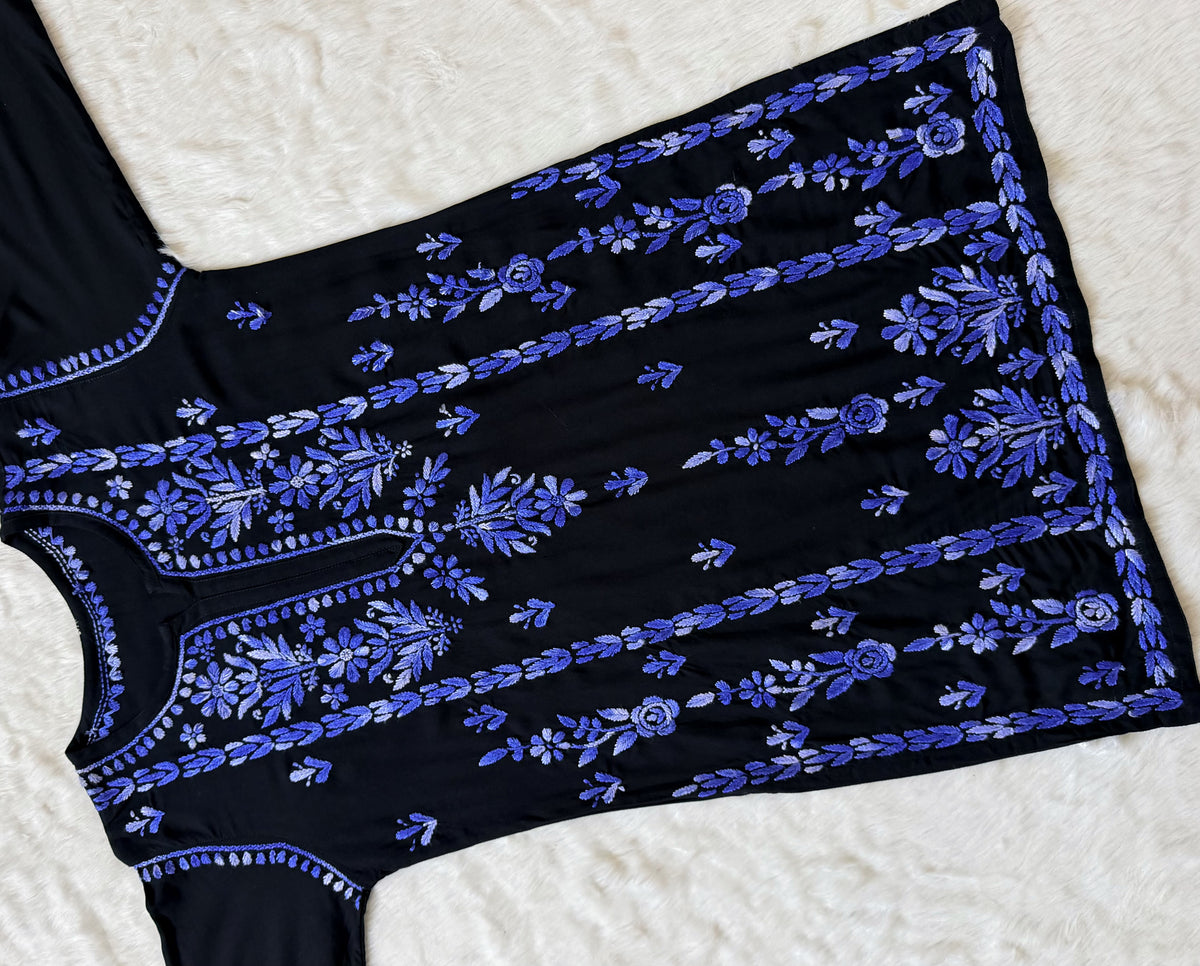 Tara Black & Blue Short Rayon Chikankari Kurti