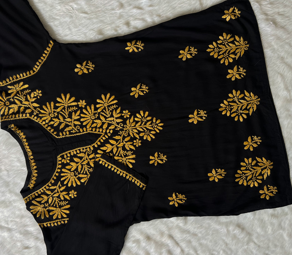 Tara Black & Mustard Short Rayon Chikankari Kurta