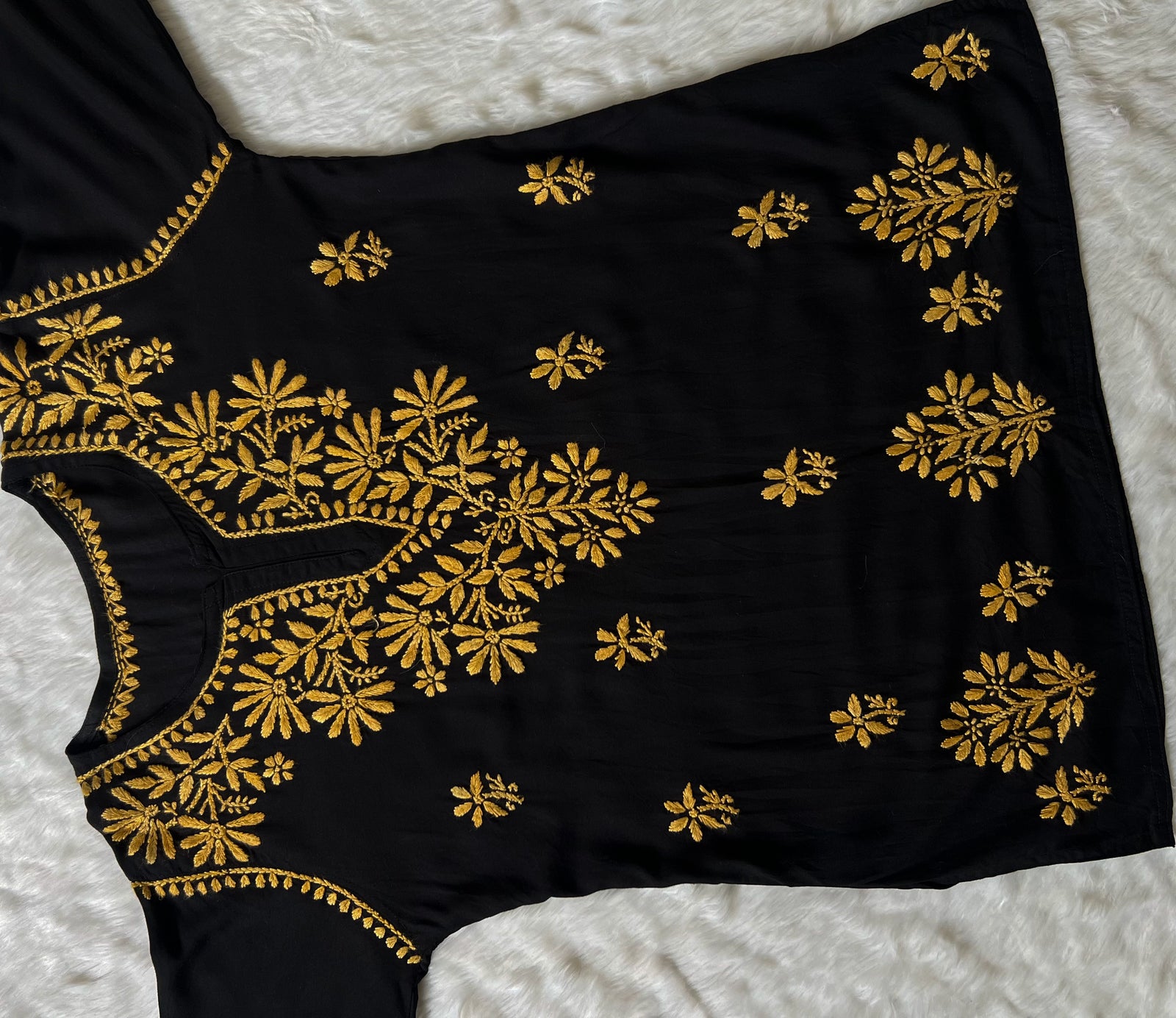 Tara Black & Mustard Short Rayon Chikankari Kurta