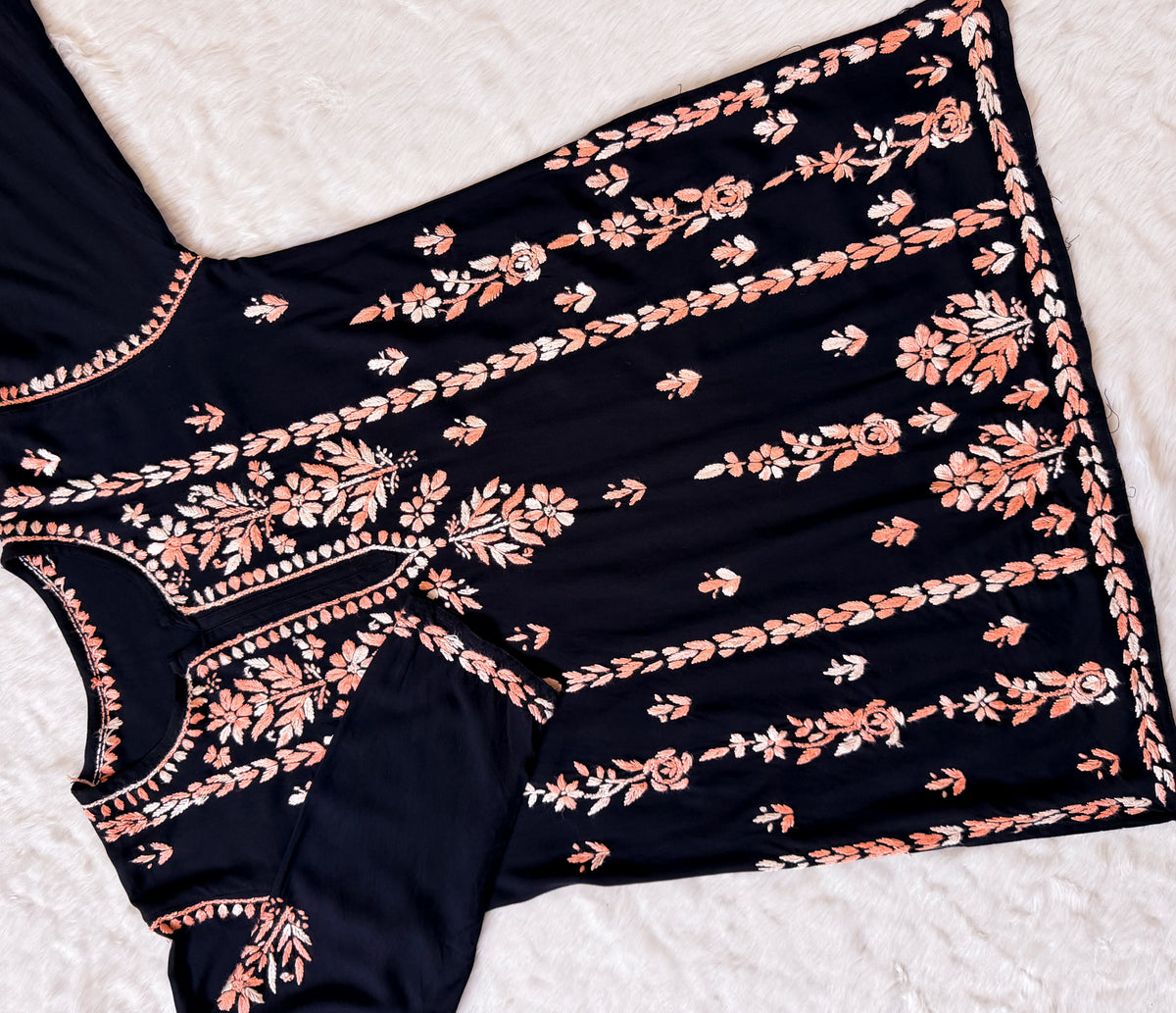 Tara Black & Peach Short Rayon Chikankari Kurti