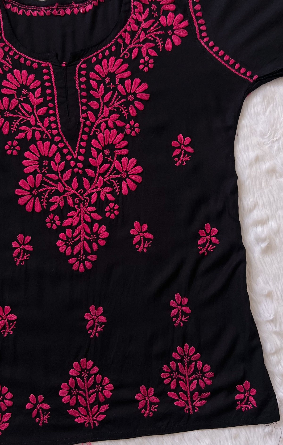 Tara Black &amp; Pink Short Rayon Chikankari Kurta
