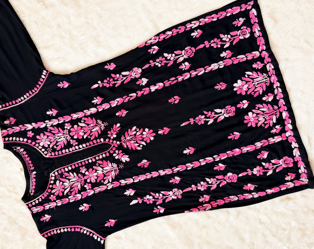 Tara Black & Pink Short Rayon Chikankari Kurti