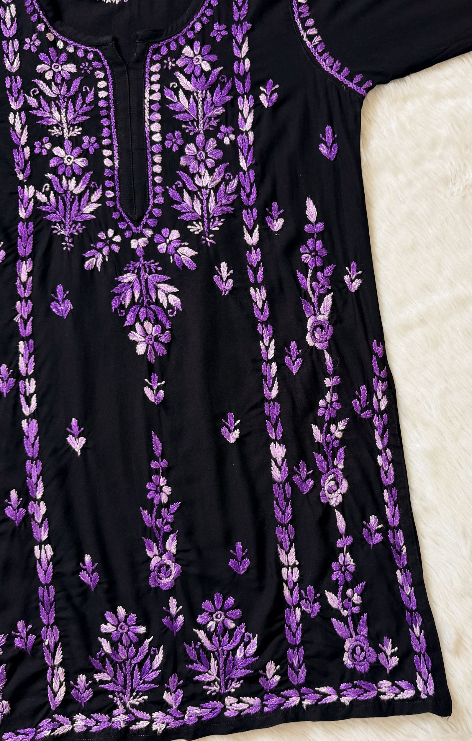 Tara Black & Purple Short Rayon Chikankari Kurti