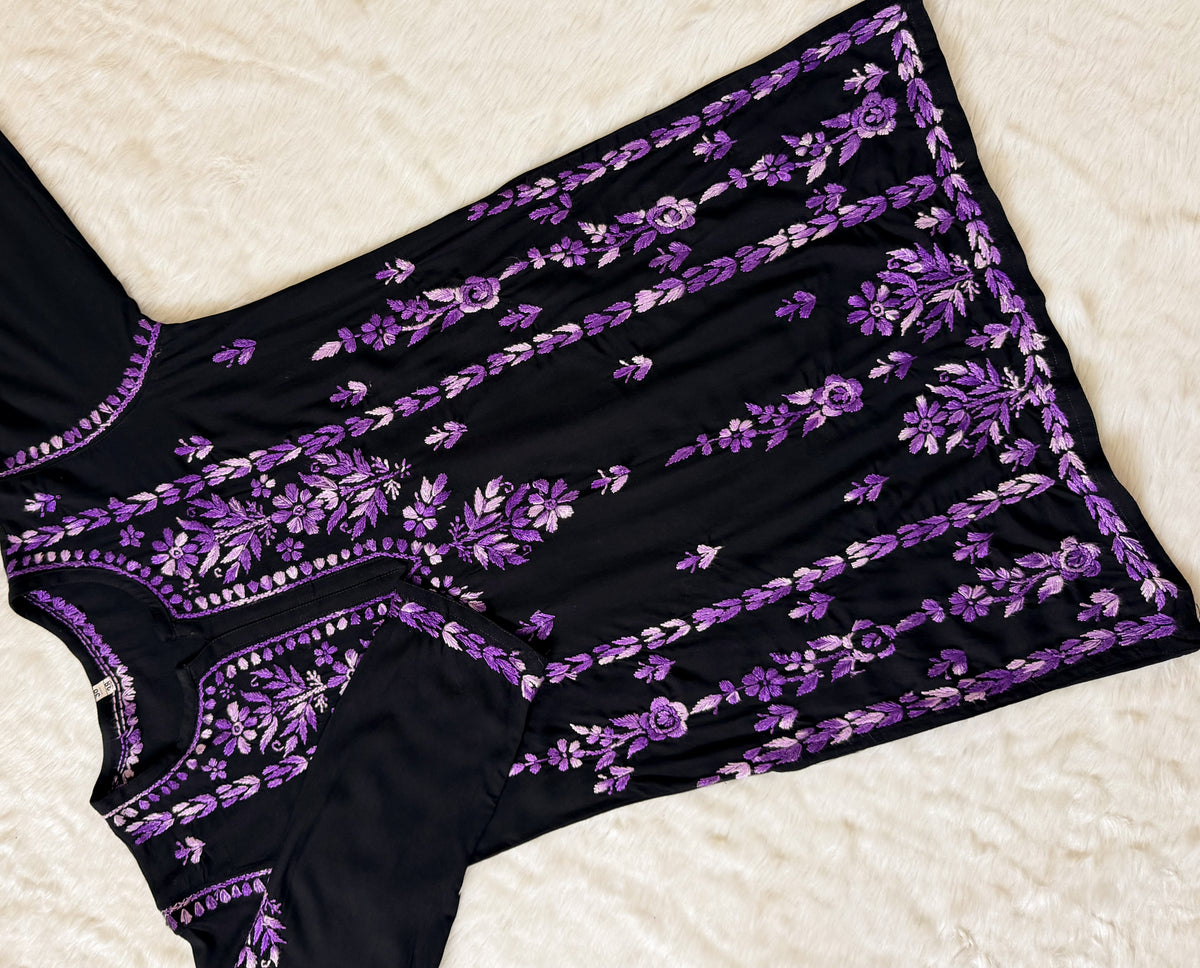 Tara Black & Purple Short Rayon Chikankari Kurti