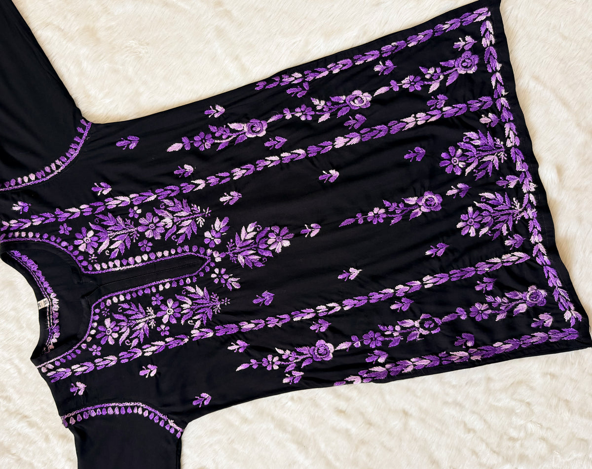 Tara Black & Purple Short Rayon Chikankari Kurti