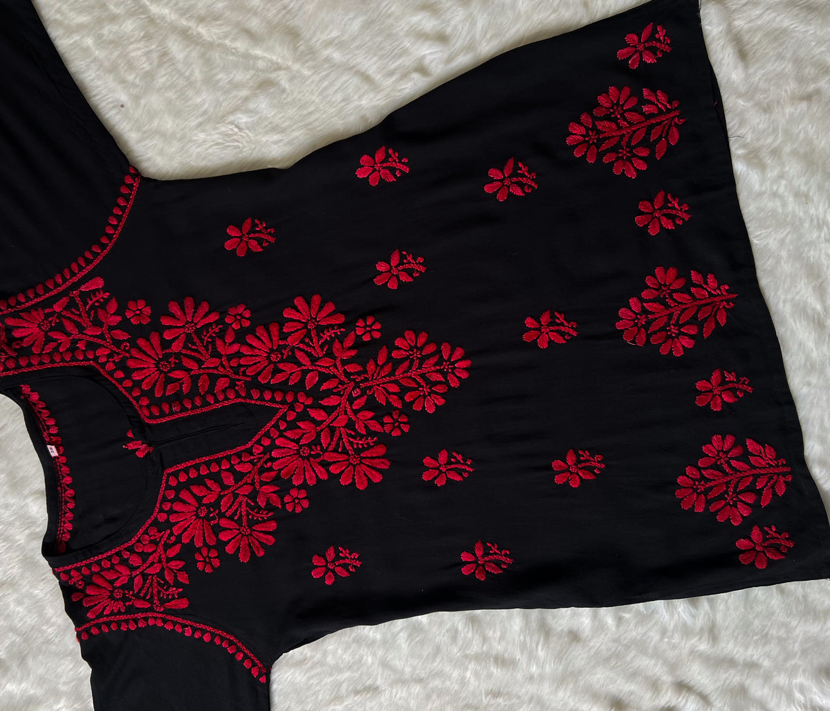 Tara Black & Red Short Rayon Chikankari Kurta
