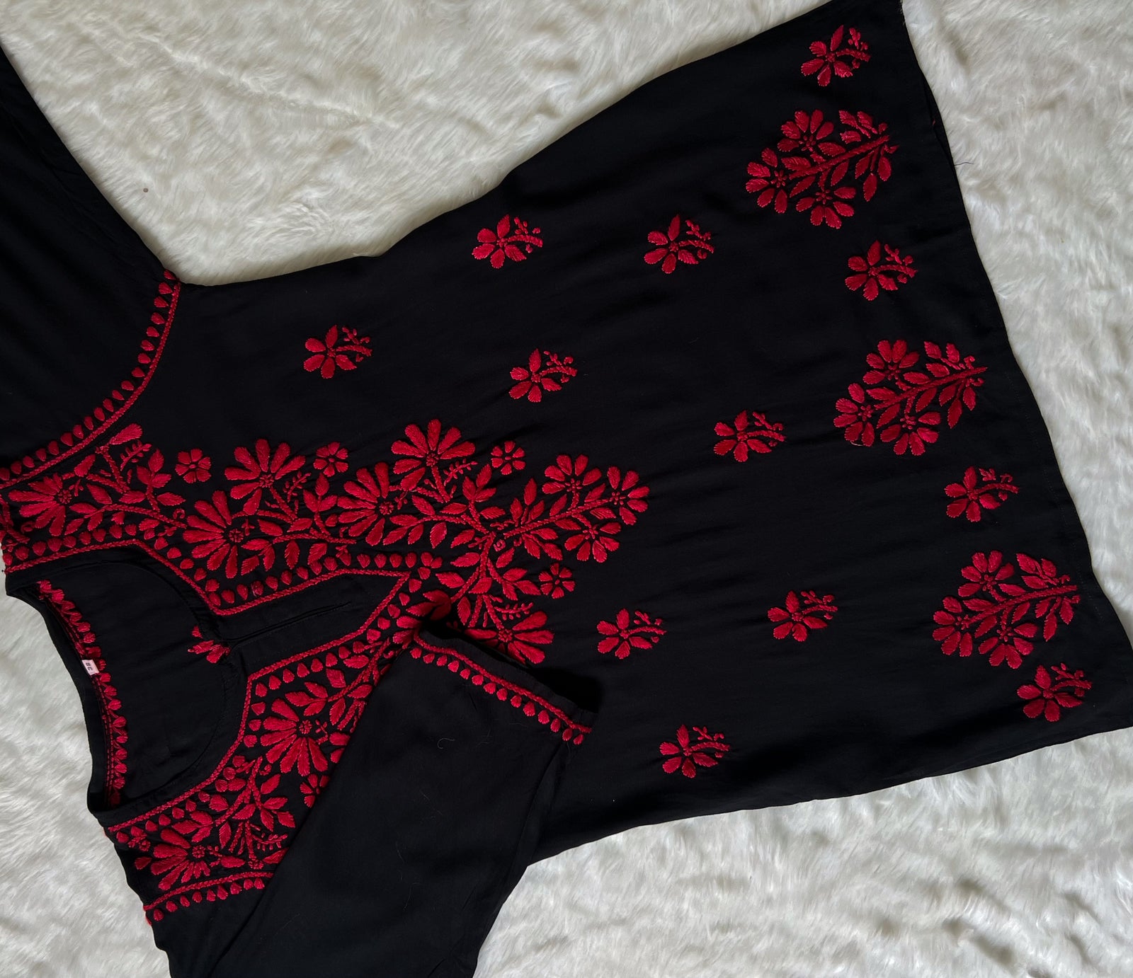 Tara Black & Red Short Rayon Chikankari Kurta