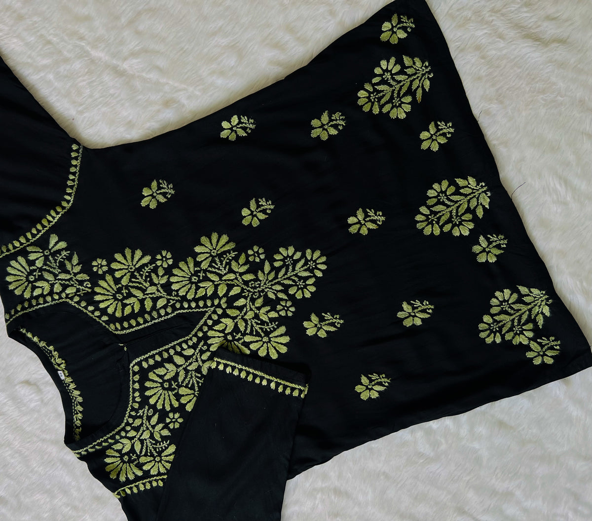 Tara Black & Sage Green Short Rayon Chikankari Kurta
