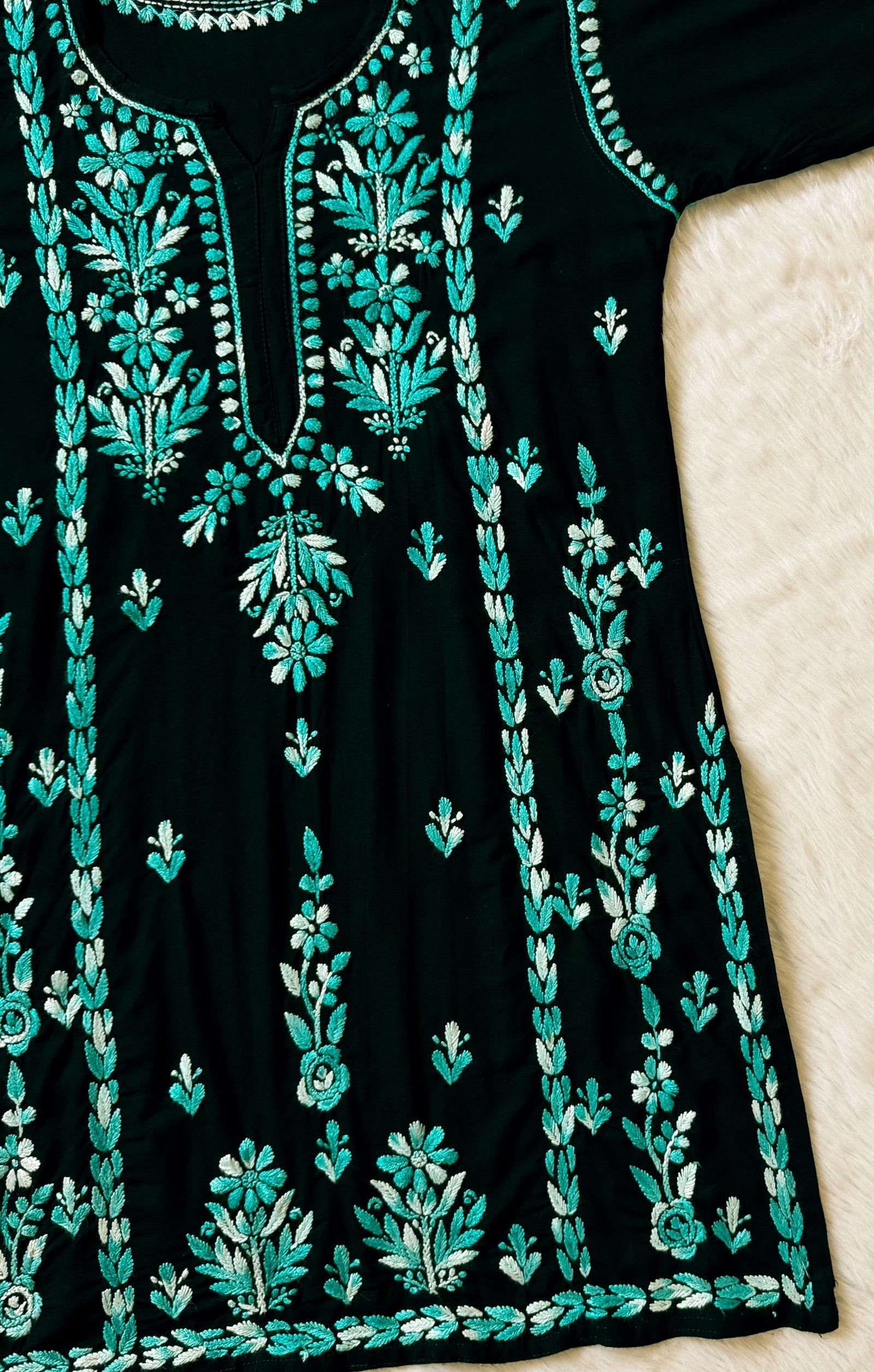 Tara Black & Teal Short Rayon Chikankari Kurti