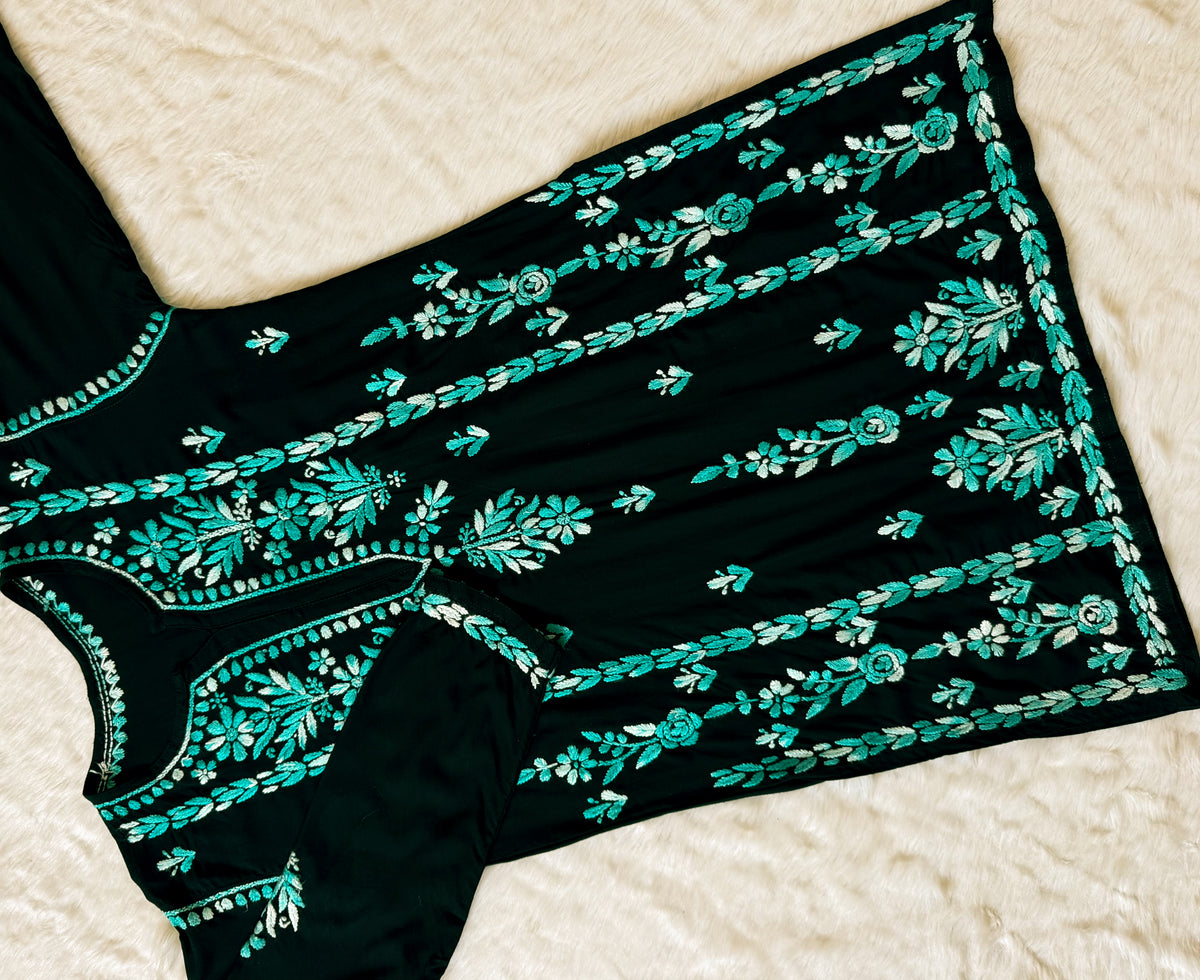 Tara Black & Teal Short Rayon Chikankari Kurti