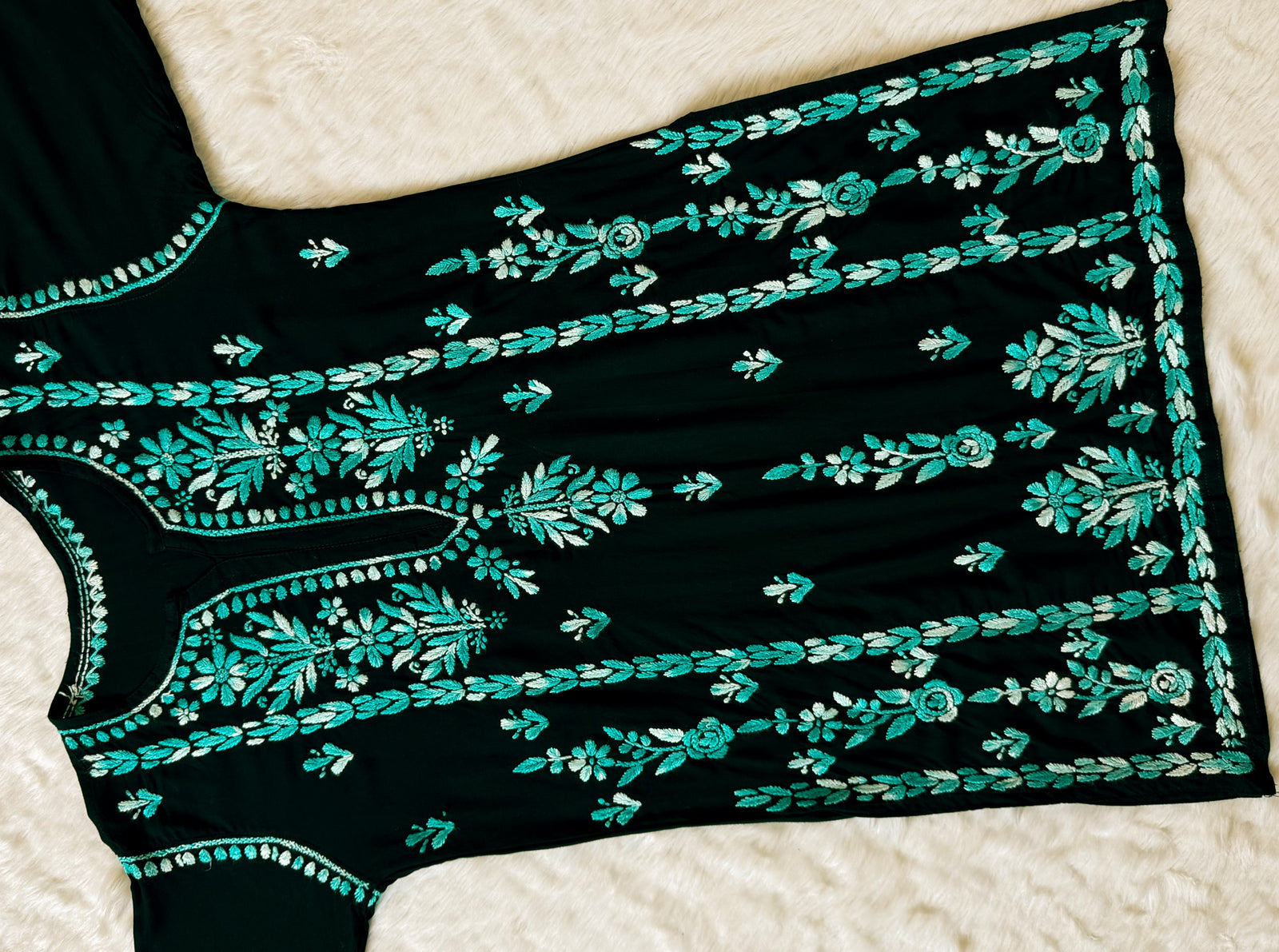 Tara Black & Teal Short Rayon Chikankari Kurti