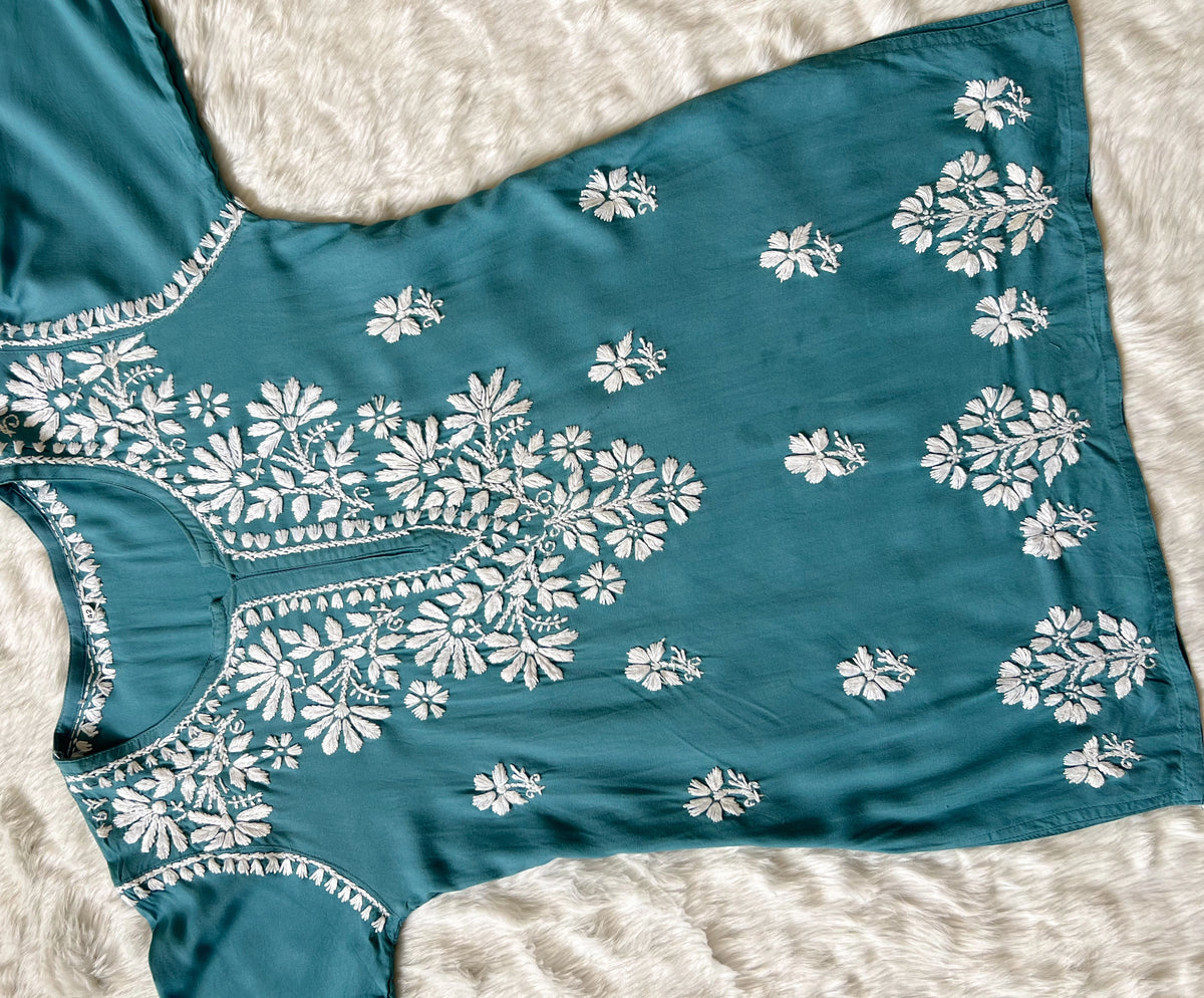 Teal Short Rayon Kurta with White Chikankari