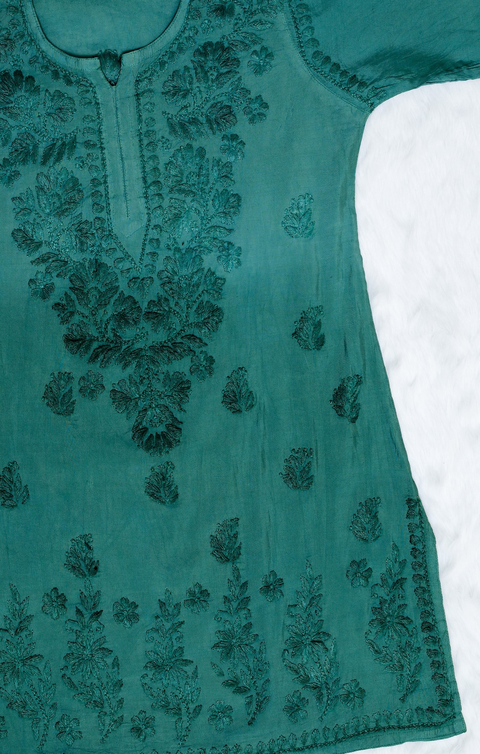 Teal green Chanderi Short Ombre Chikankari Kurta