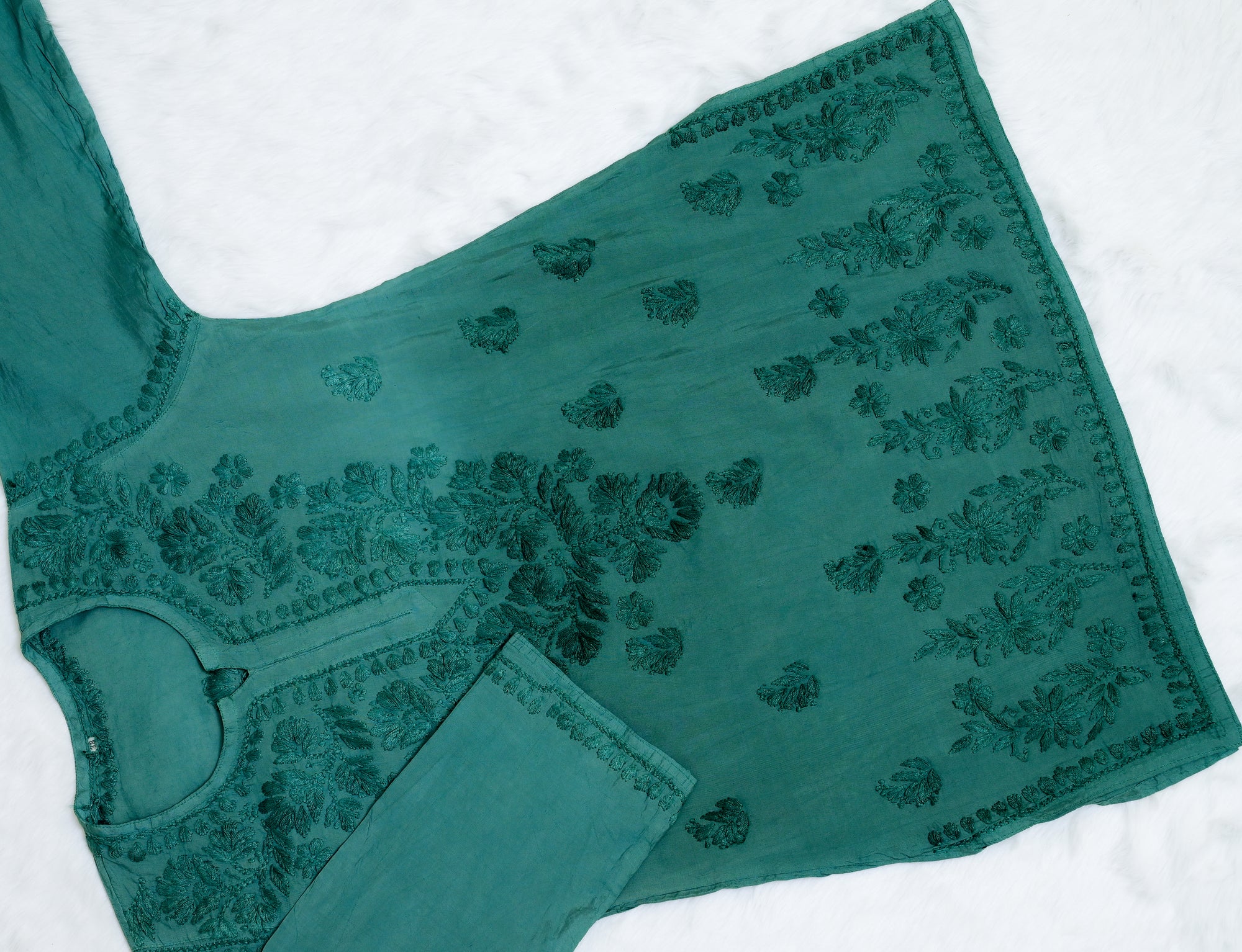 Teal green Chanderi Short Ombre Chikankari Kurta