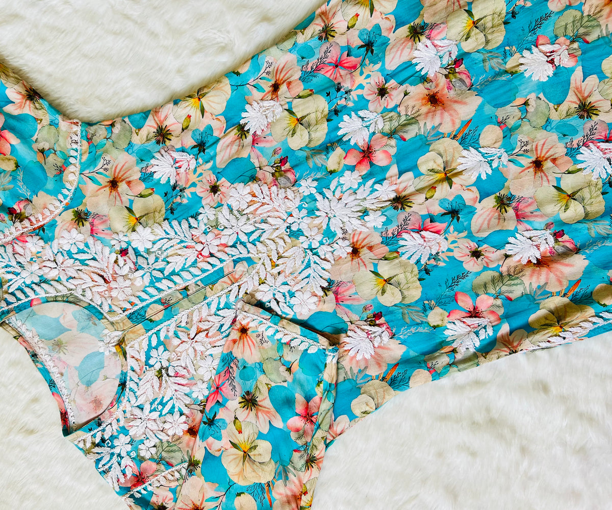 Tina Aqua Blue Long Rayon Kurta with White Chikankari