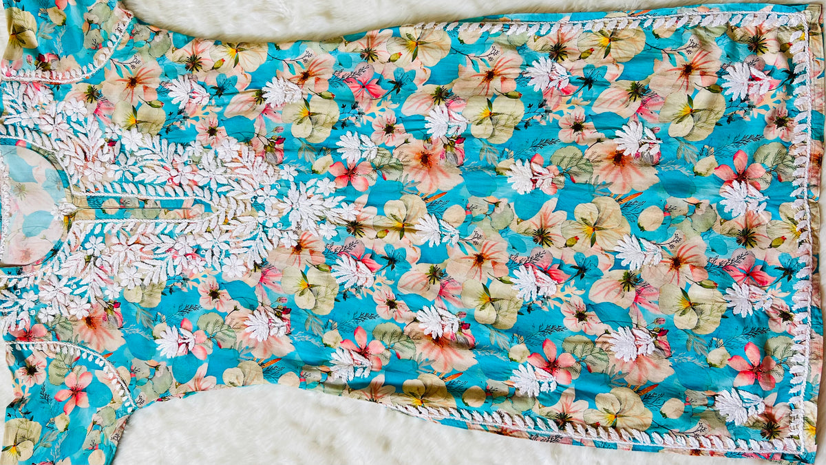 Tina Aqua Blue Long Rayon Kurta with White Chikankari