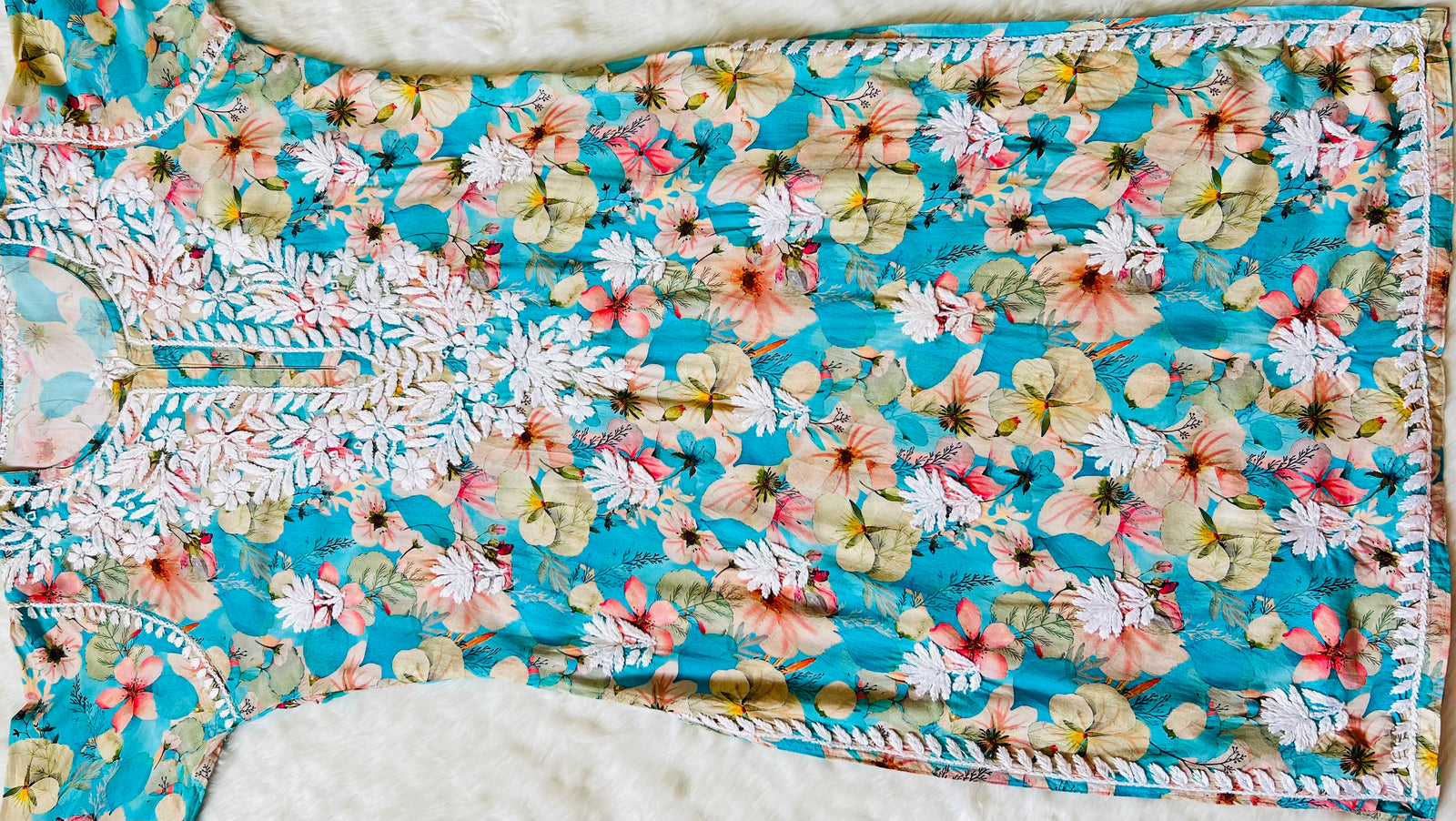 Tina Aqua Blue Long Rayon Kurta with White Chikankari