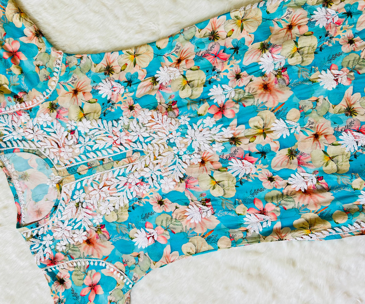 Tina Aqua Blue Long Rayon Kurta with White Chikankari