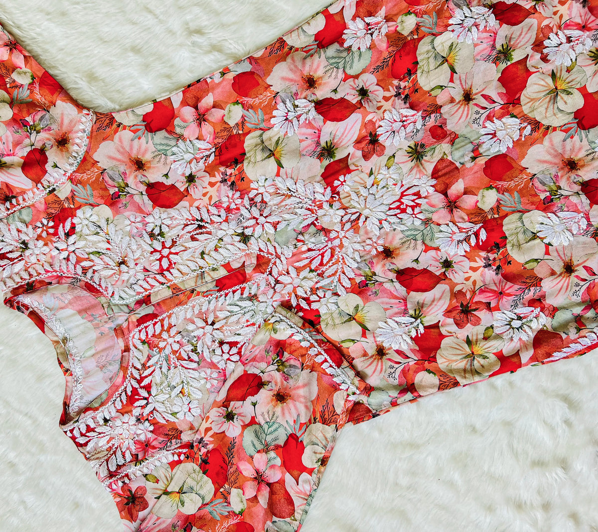 Tina Orange Printed Rayon Kurta with White Chikankari