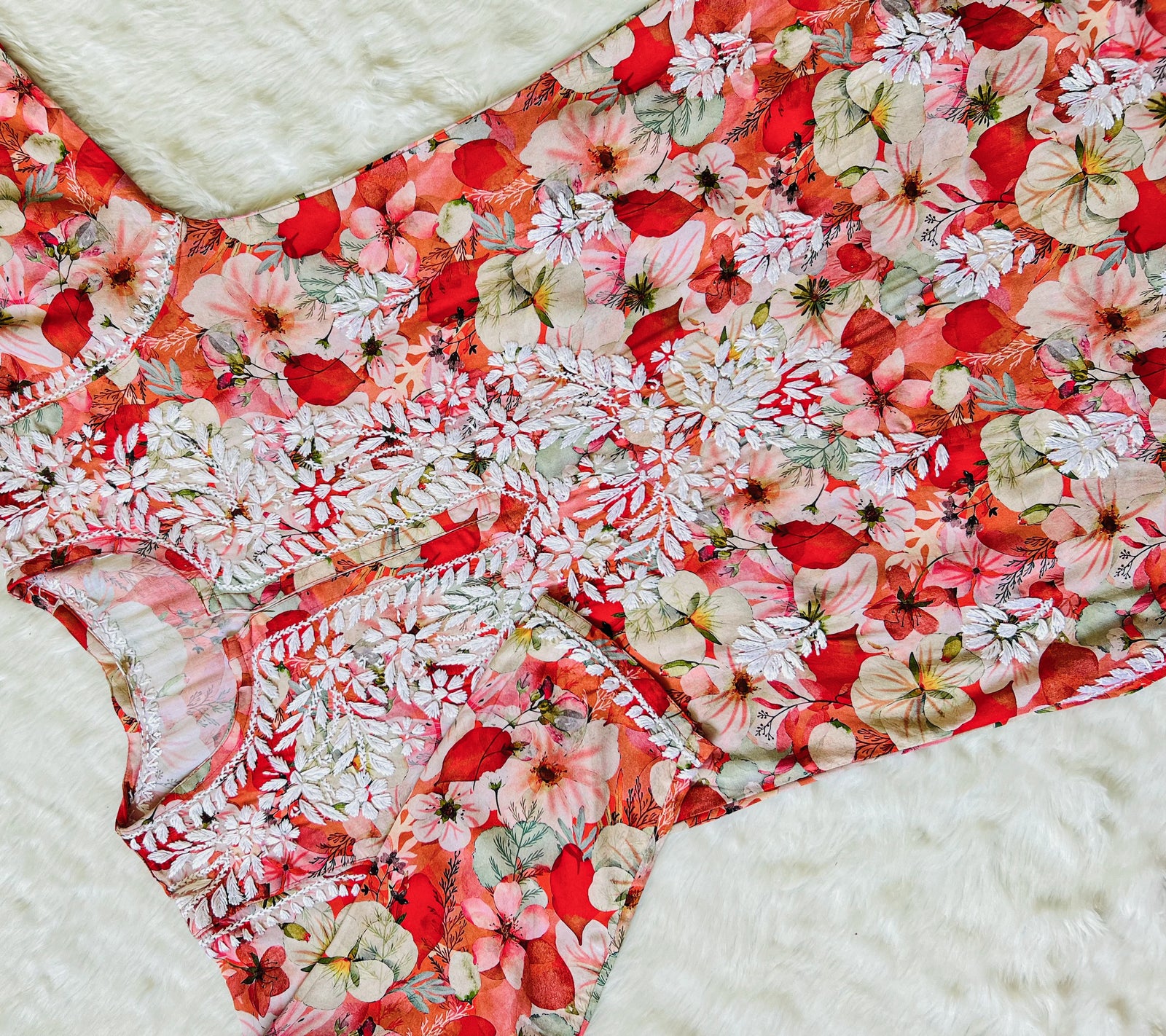 Tina Orange Printed Rayon Kurta with White Chikankari