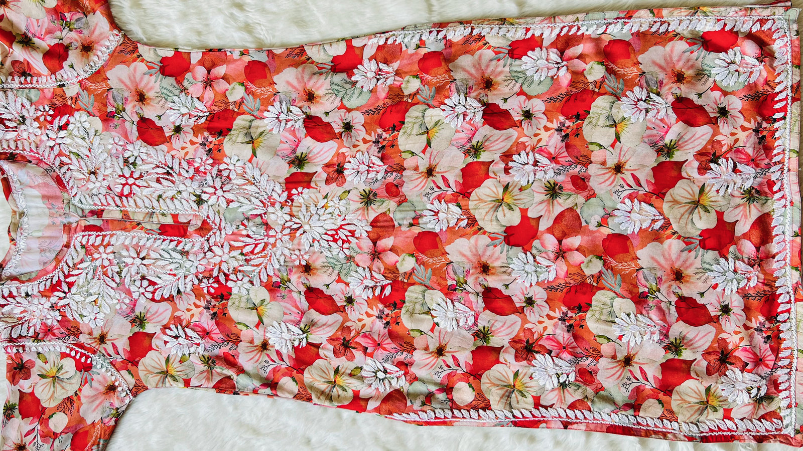 Tina Orange Printed Rayon Kurta with White Chikankari