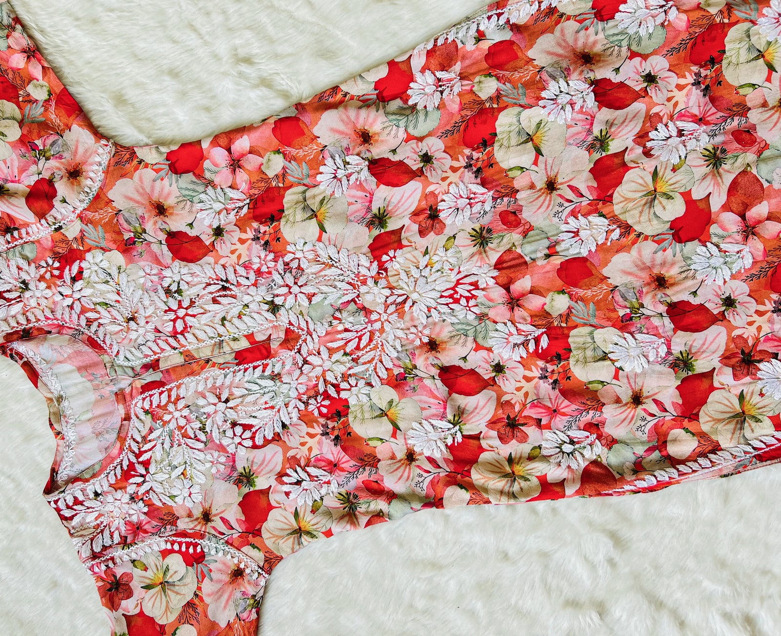 Tina Orange Printed Rayon Kurta with White Chikankari