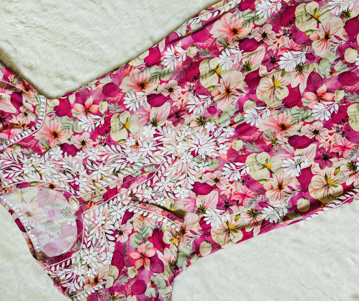 Tina Pink Printed Rayon Kurta with White Chikankari
