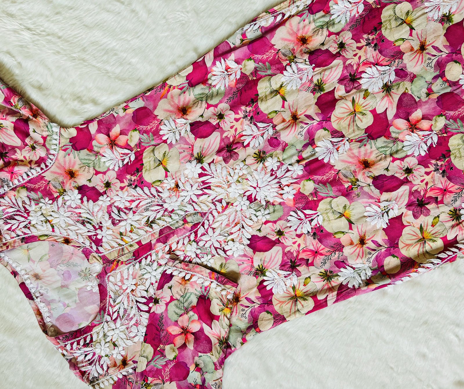 Tina Pink Printed Rayon Kurta with White Chikankari