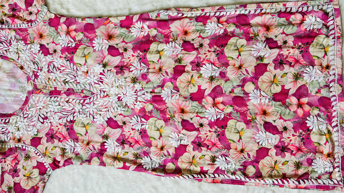 Tina Pink Printed Rayon Kurta with White Chikankari