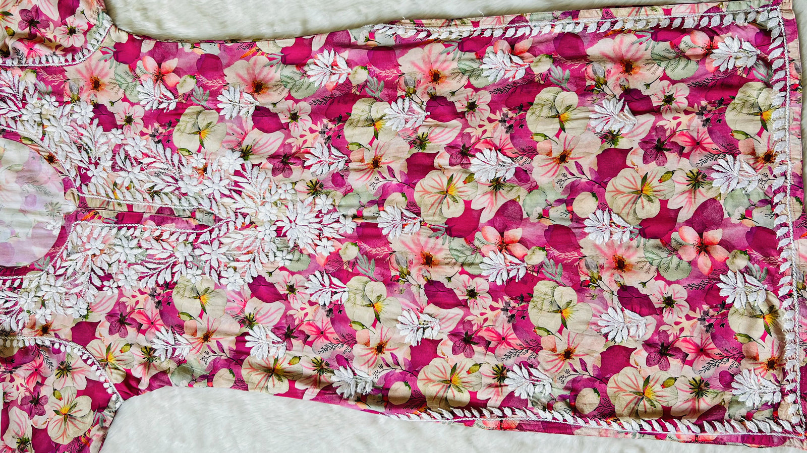 Tina Pink Printed Rayon Kurta with White Chikankari