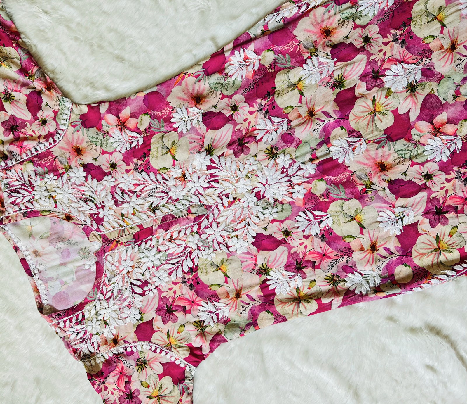 Tina Pink Printed Rayon Kurta with White Chikankari