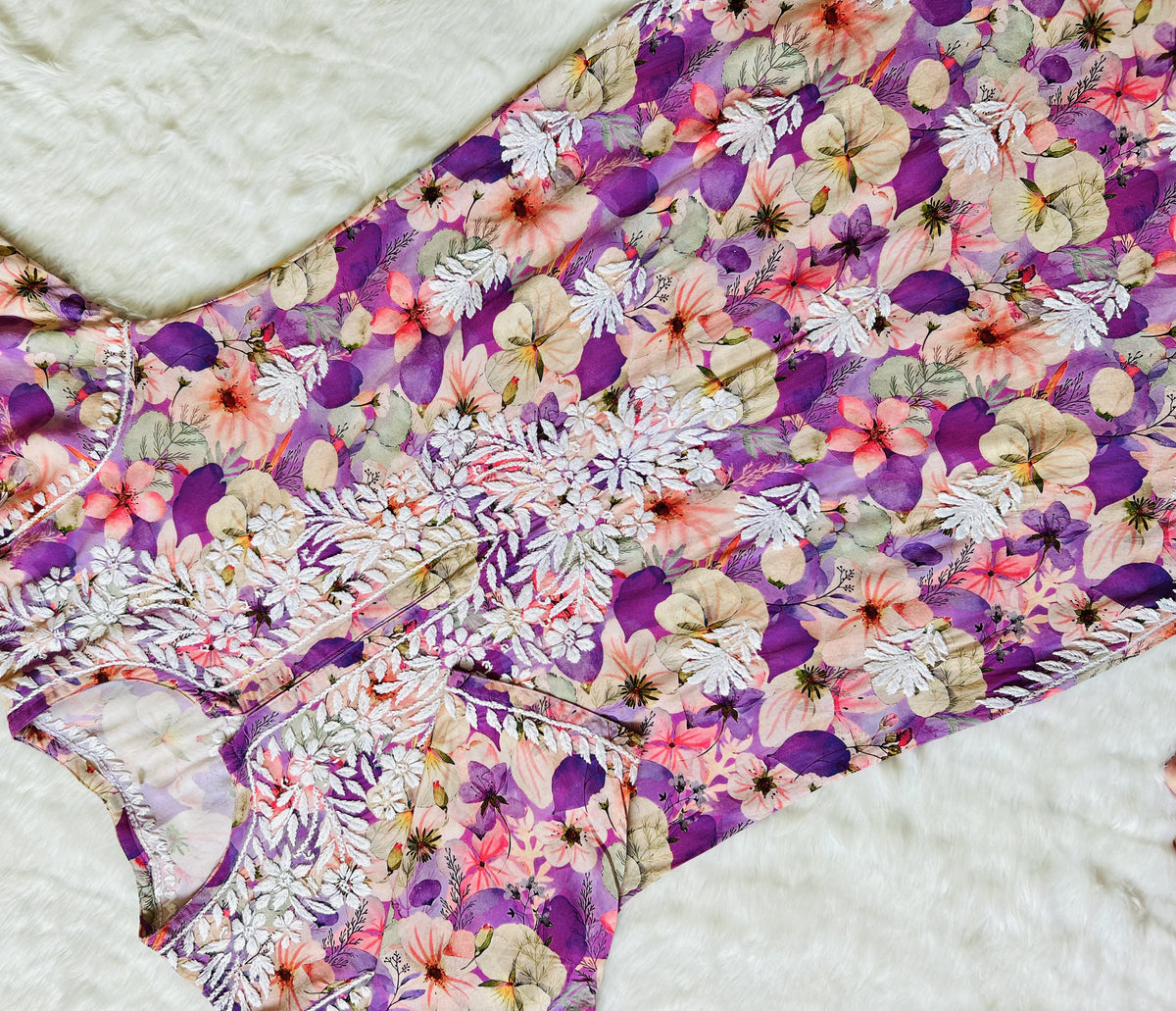 Tina Purple Printed Rayon Kurta with White Chikankari
